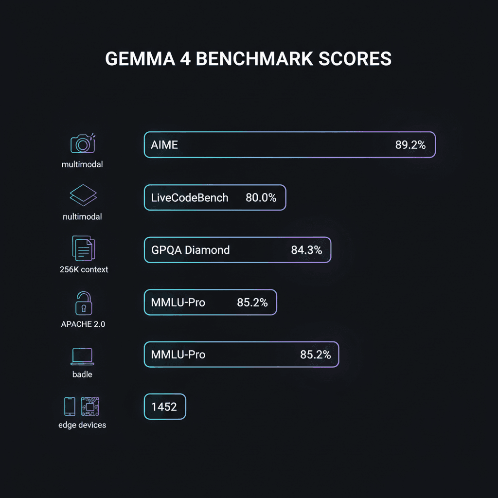 Gemma 4 benchmark scores — AIME 89.2%, LiveCodeBench 80%, GPQA 84.3%, Arena ELO 1452